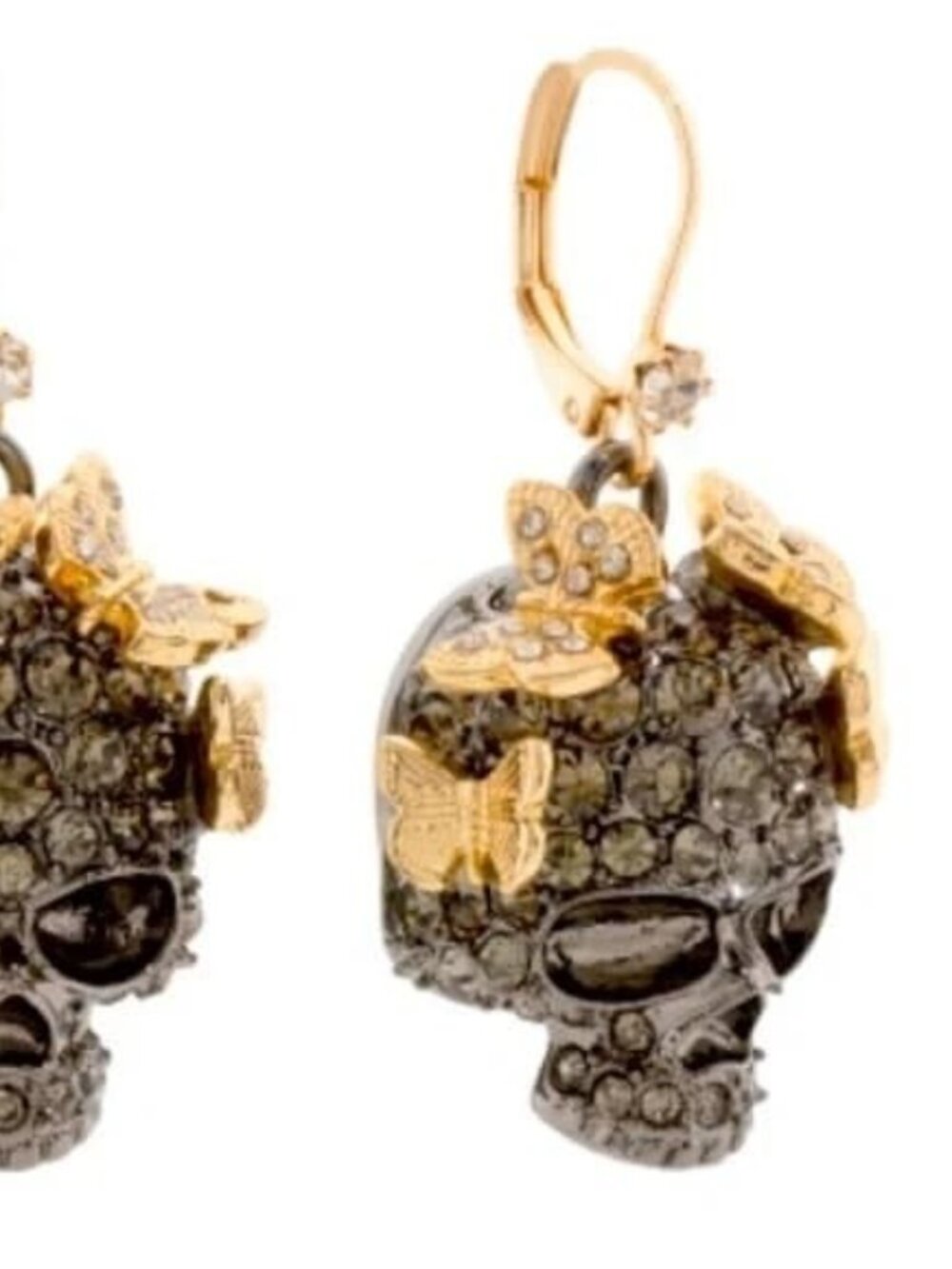 Betsey Johnson Skull Dangle Earrings, Gold Tone and Gunmetal with Crystal